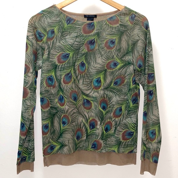 The Limited Tops - The Limited peacock print sheer nylon blouse L